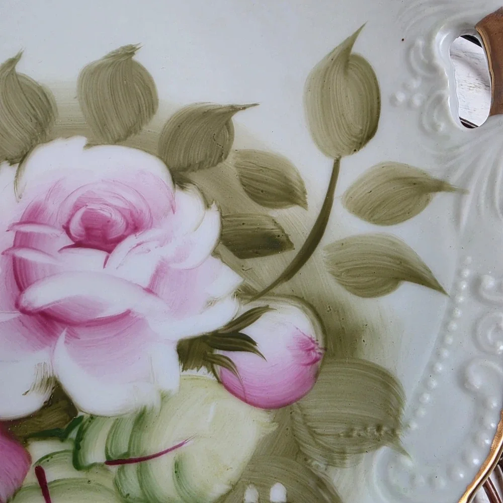 Antique Lefton Hand Painted Pink Rose Porcelain Cake Plate Gold Gilt Scallop Rim